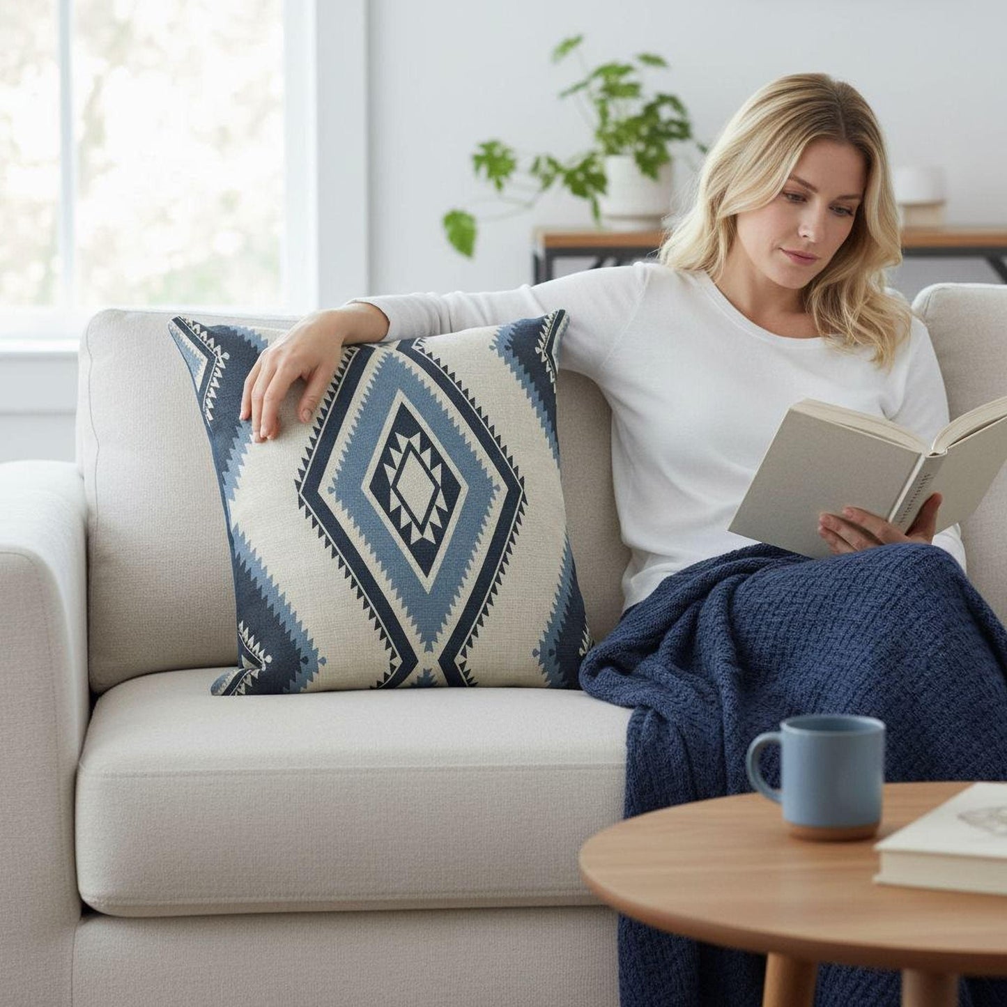 Southwestern pillow cover with geometric pattern styled on a sofa or bed