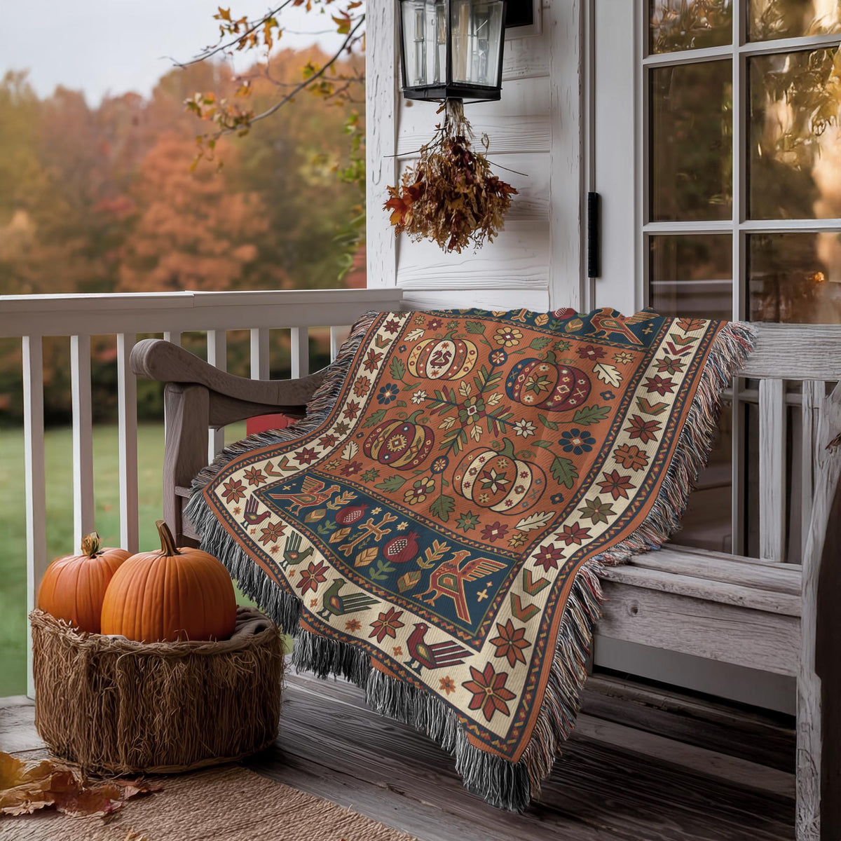 Rust and navy Ghapama blanket on a porch bench with a basket of pumpkins