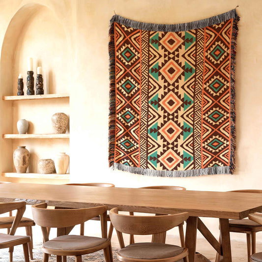 Tribal Throw Blanket – Navajo Blanket Woven Tapestry With Geometric Pattern - timelessbohochic.com