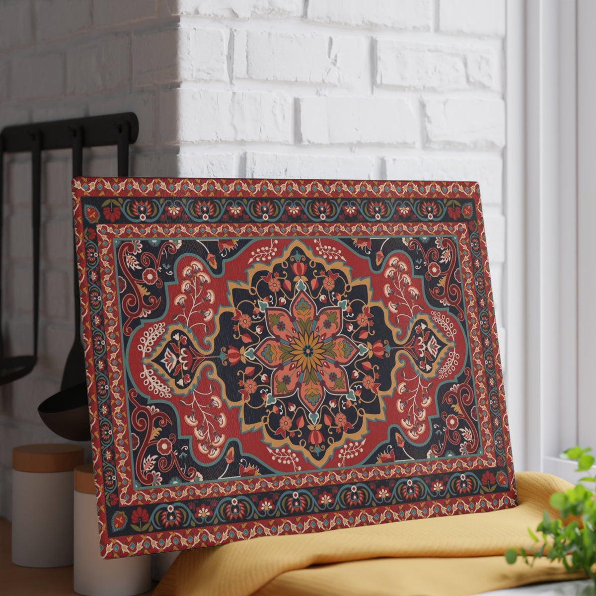 Red and navy Armenian carpet cutting board close view showing the pattern