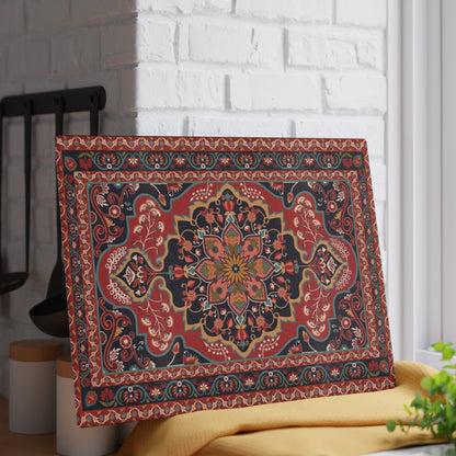 Red and navy Armenian carpet cutting board close view showing the pattern
