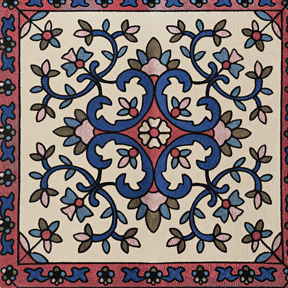 Close view of the blue and pink flowering vine on cream inside a pink border
