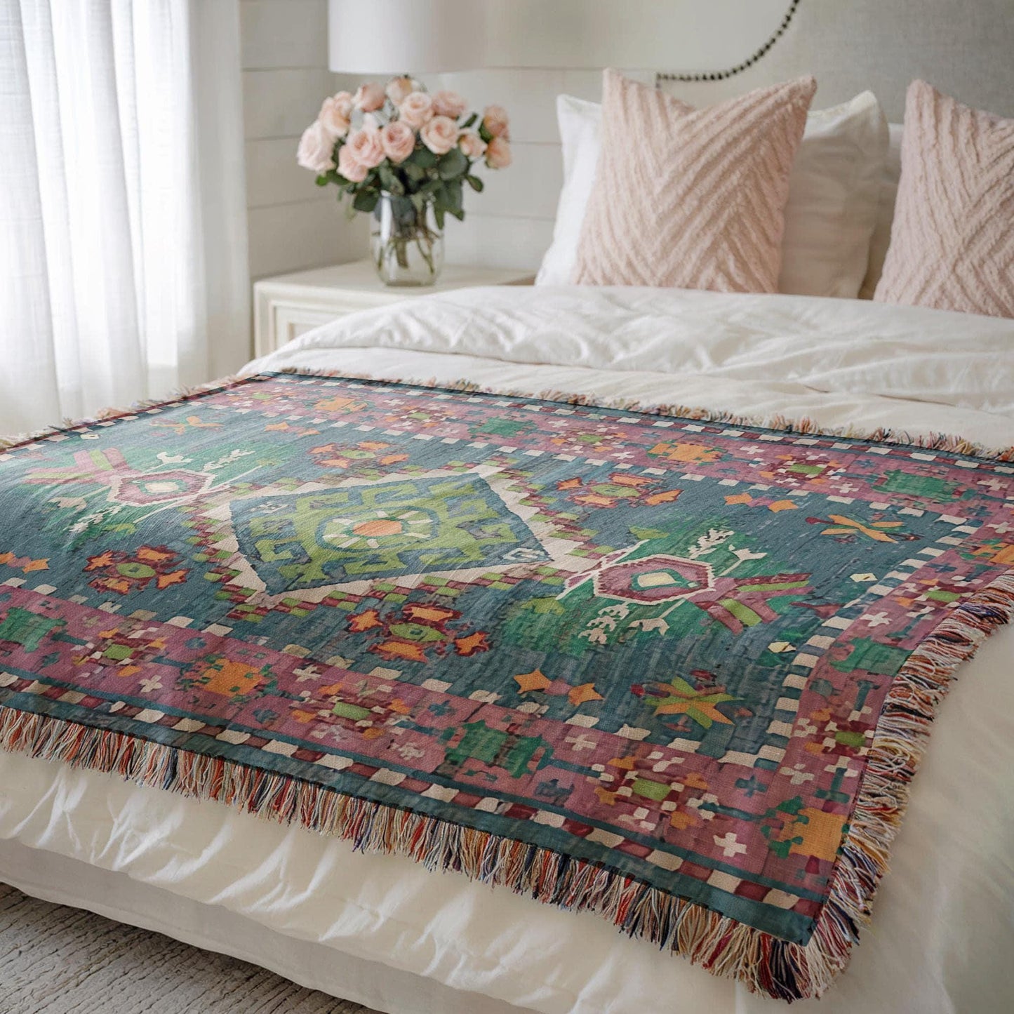 Moroccan Inspired woven blanket with woven pattern styled for layered home decor