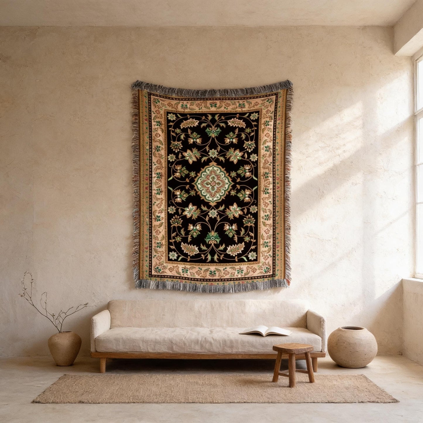 Caucasian Rug Inspired woven wall tapestry with geometric pattern styled as textile wall decor