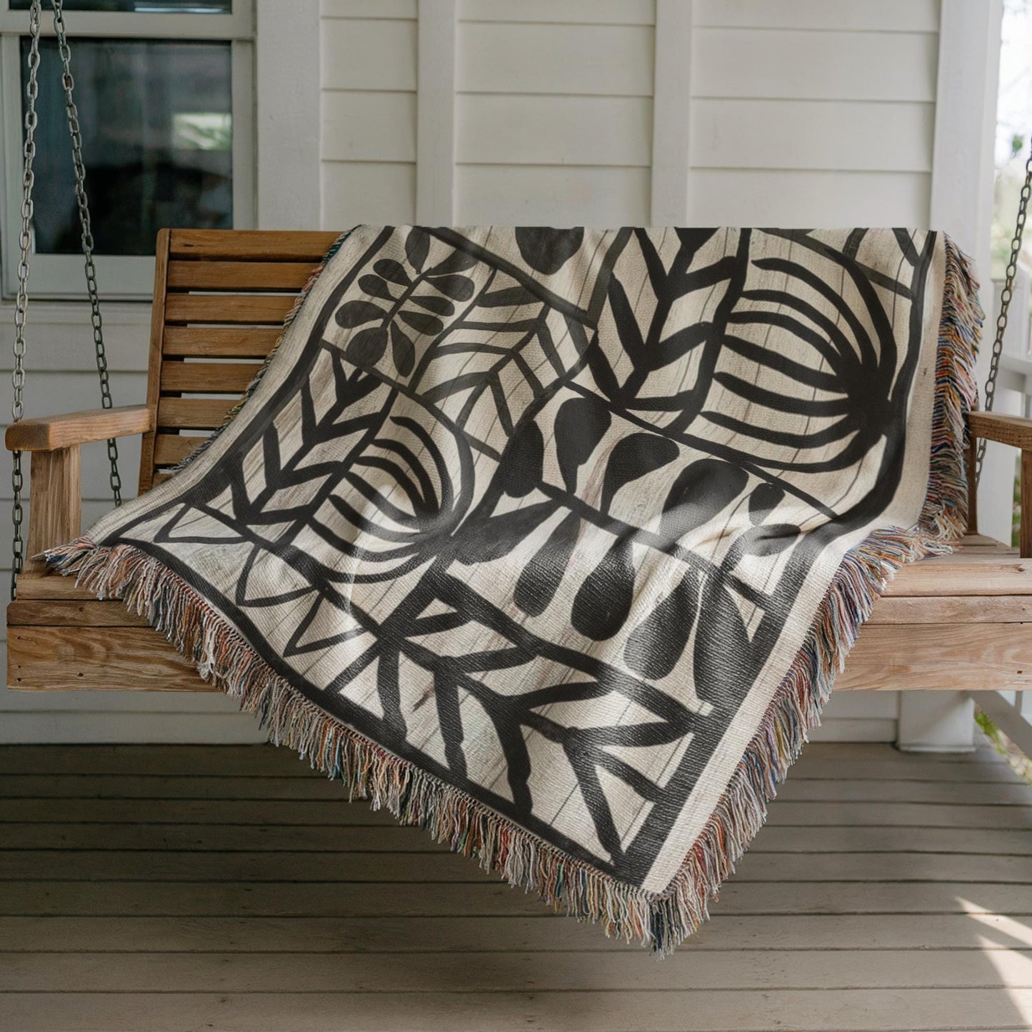 Modern Geometric woven wall tapestry with geometric pattern styled as textile wall decor