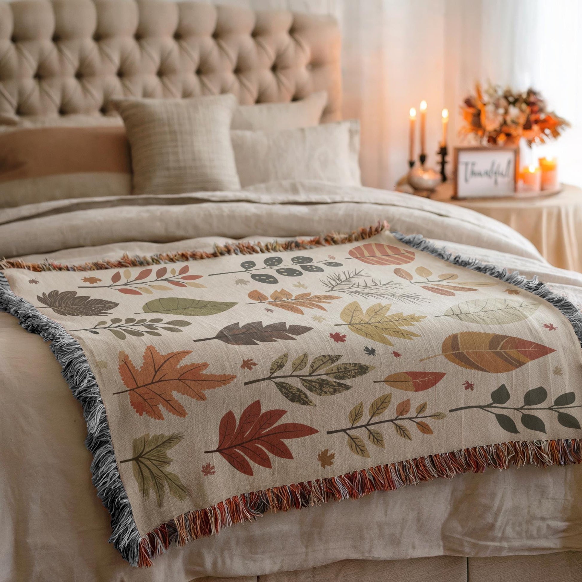 Fall Cotton Blanket – Autumn Leaves Throw With Colorful Fringed Edges, Cozy Fall Blanket