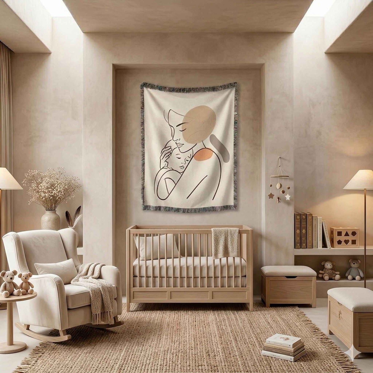 Modern Geometric woven wall tapestry with geometric pattern styled as textile wall decor