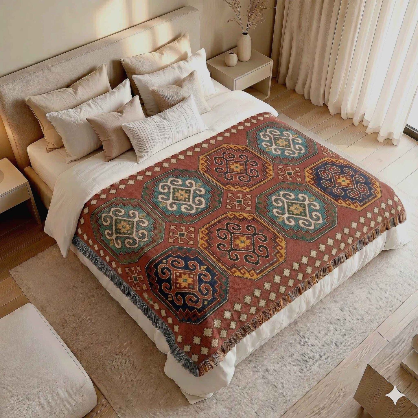 Caucasian Rug Inspired woven blanket with geometric pattern styled for layered home decor