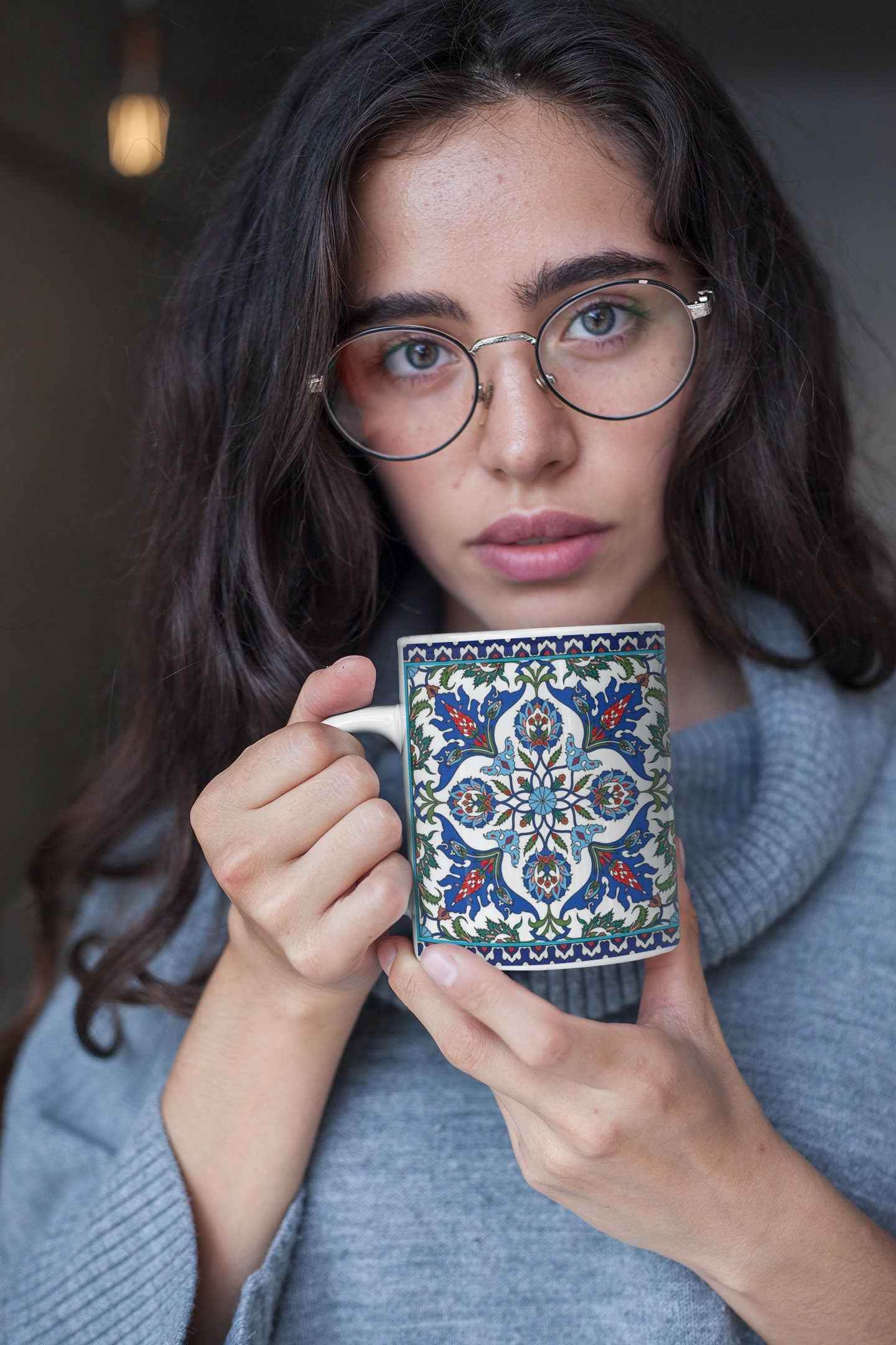 Armenian Coffee Mug – Handpainted Blue Ceramic Mug With Haykakan Design - timelessbohochic.com
