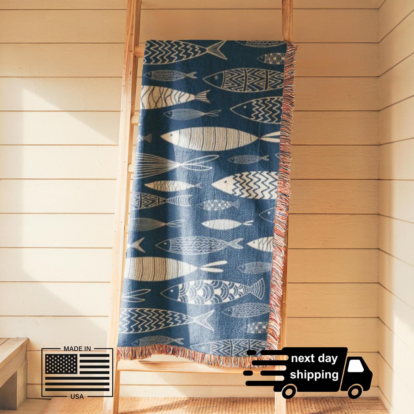 Nautical Blanket – Marine Woven Throw With Striped Fish Design | Coastal Beach Decor