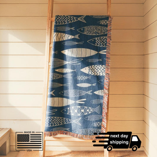 Nautical Blanket – Marine Woven Throw With Striped Fish Design | Coastal Beach Decor