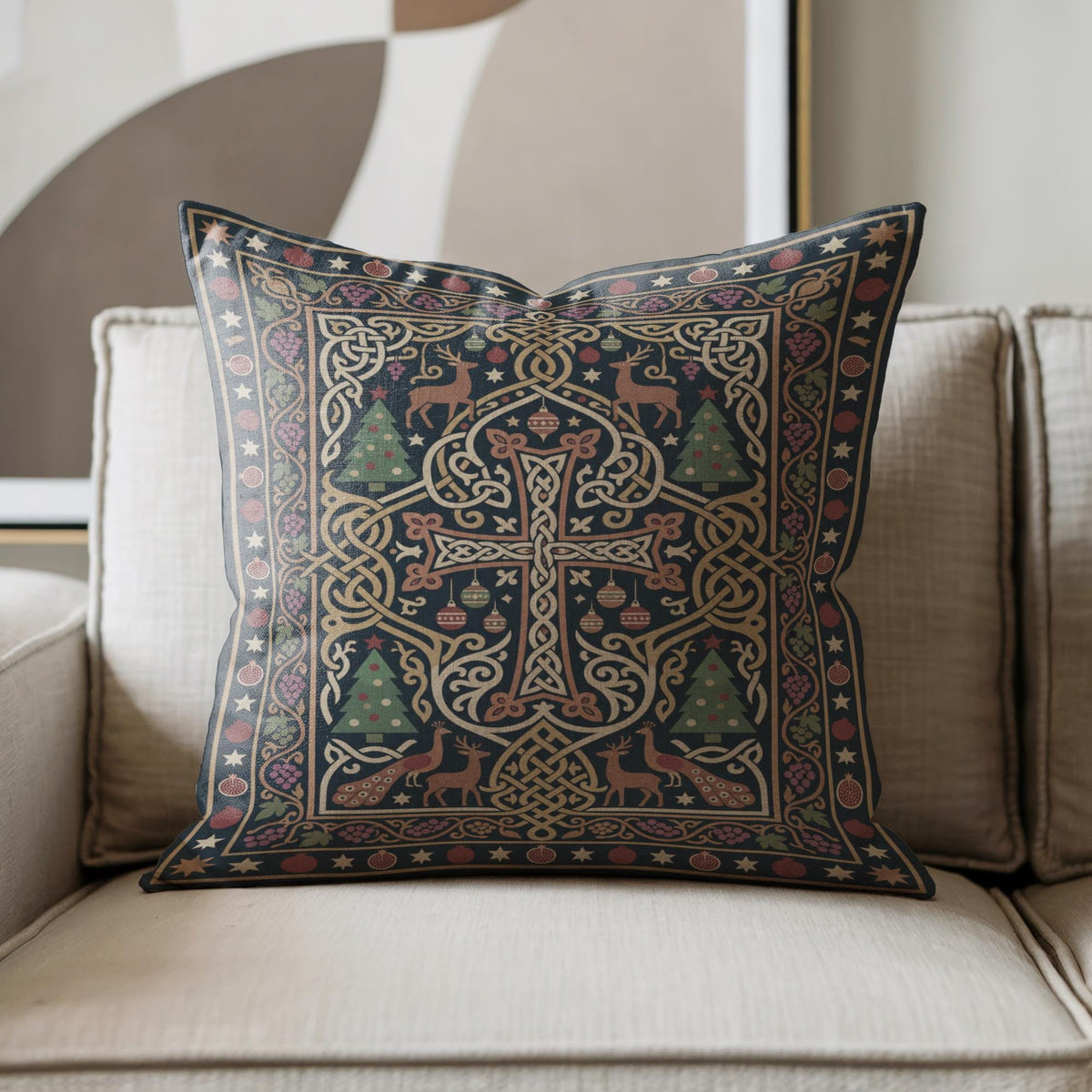 Armenian cross woven throw pillow in green and gold with festive design on a beige sofa
