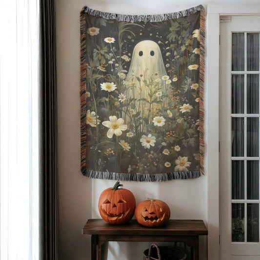 Halloween Woven Blanket - Cozy Throw With Cute Ghost Design & Floral Wildflowers