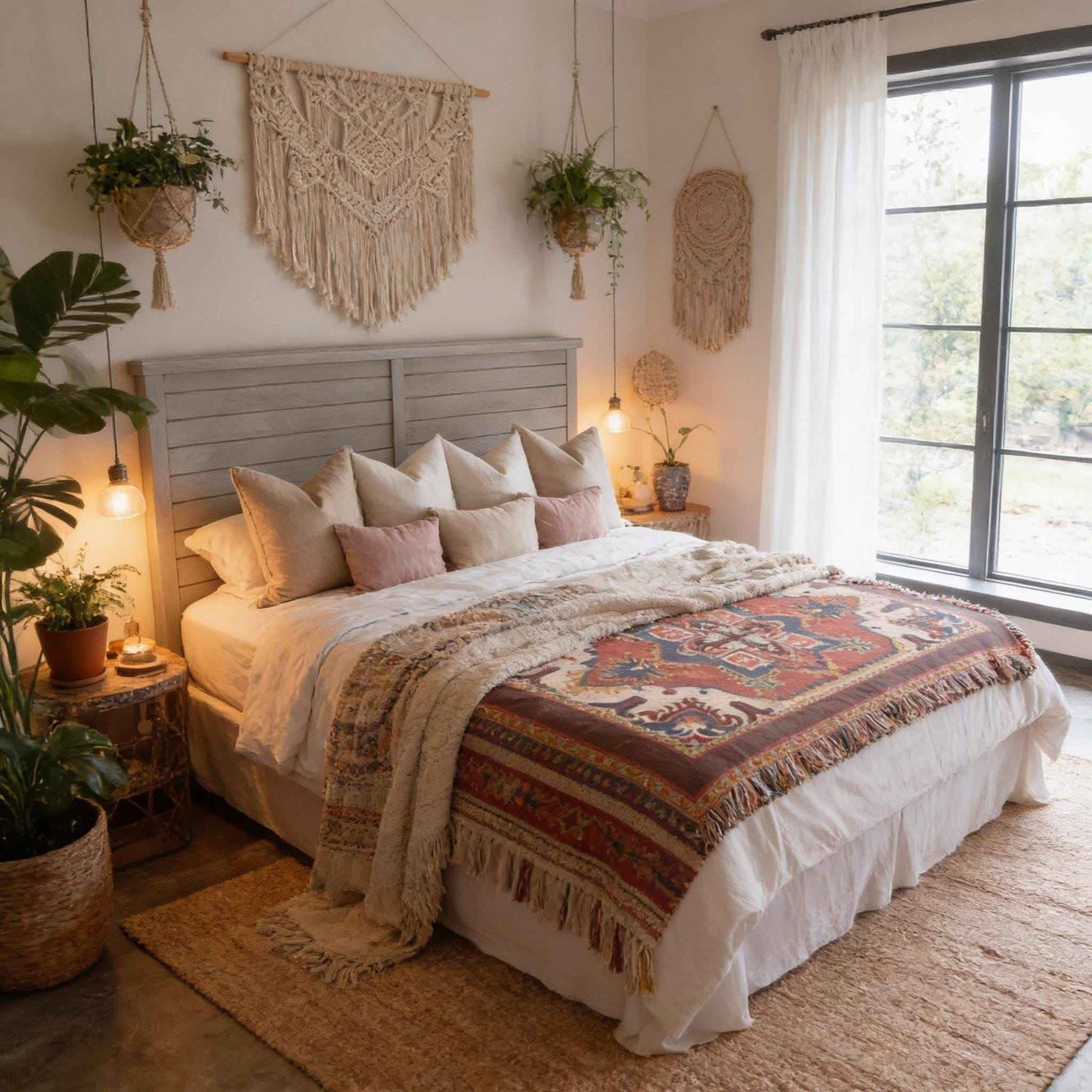 Anatolian Inspired woven blanket with rug-style pattern styled for layered home decor