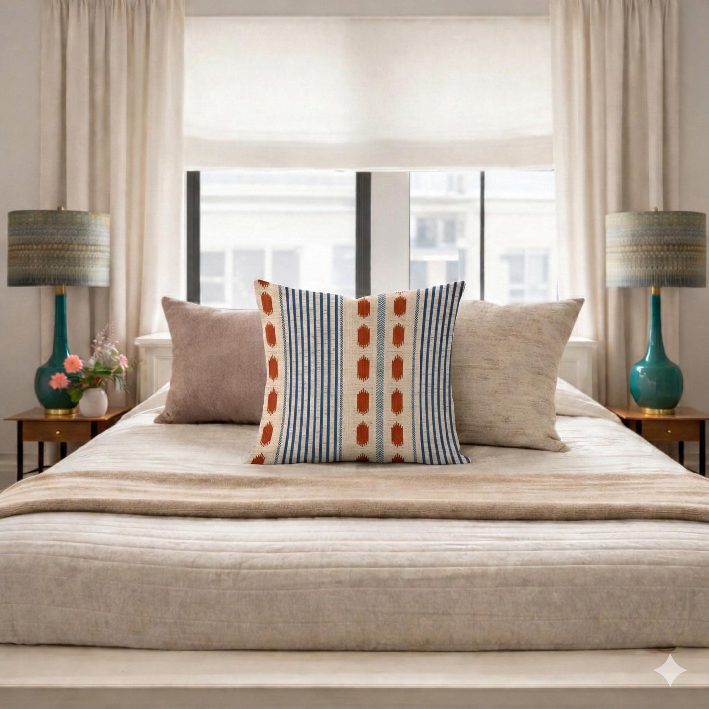 Modern Geometric pillow cover with geometric pattern styled on a sofa or bed