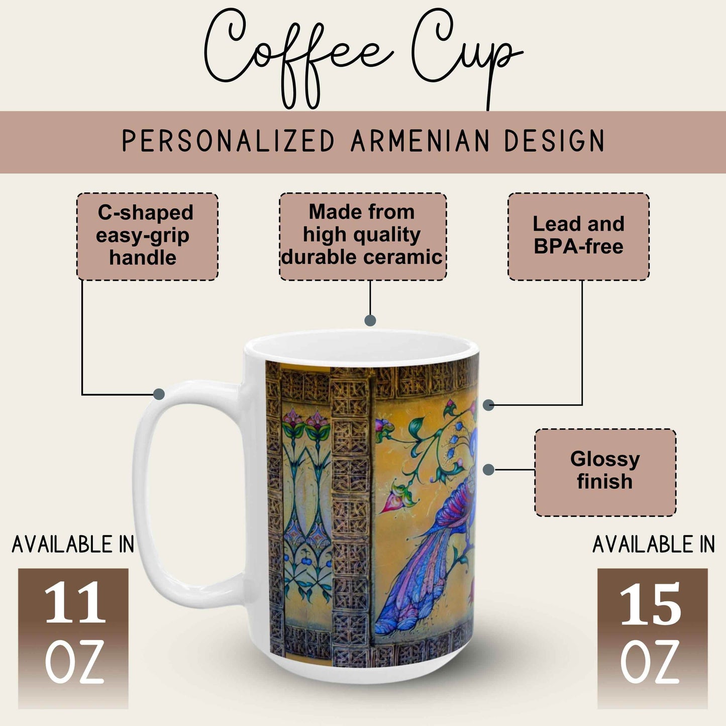 Armenian Birds Mug - Handpainted Ceramic Cup 11oz with Gold Accent Featuring Blue Bird Art - timelessbohochic.com