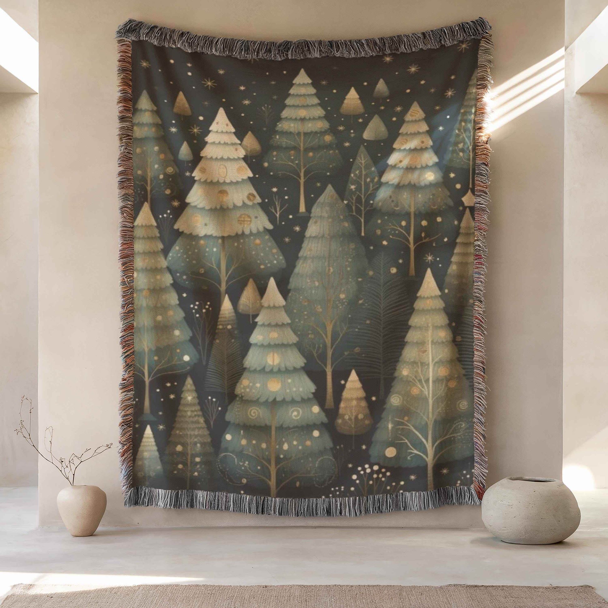 Festive Forest Wall Tapestry – Woven Cotton Blanket with Christmas Trees & Fringed Edges - timelessbohochic.com