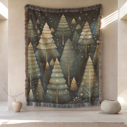 Festive Forest Wall Tapestry – Woven Cotton Blanket with Christmas Trees & Fringed Edges - timelessbohochic.com