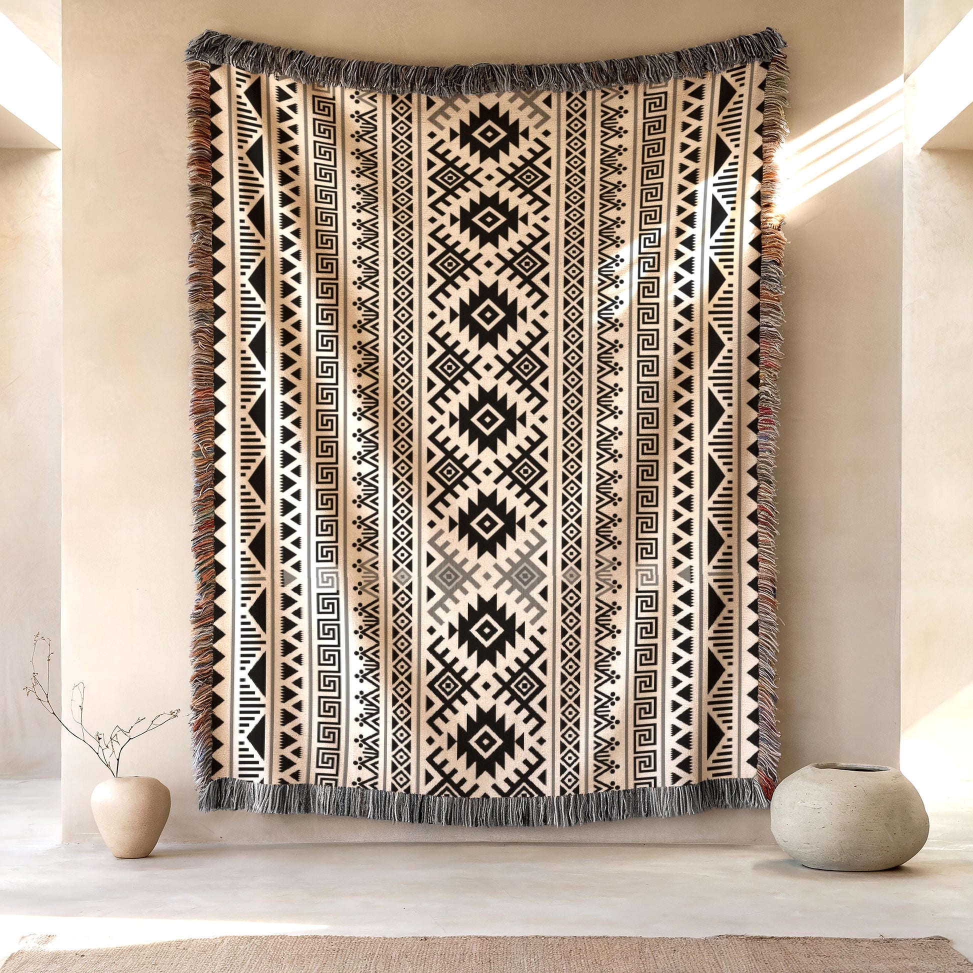 a large, decorative rug with a geometric pattern hanging on a wall. The rug is placed between two small vases, creating a visually appealing display.