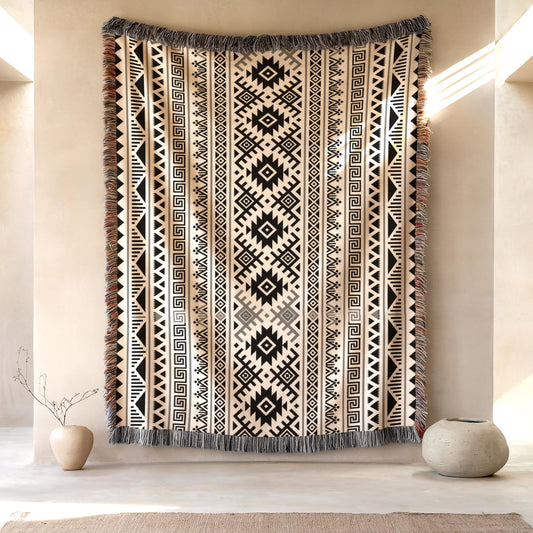 a large, decorative rug with a geometric pattern hanging on a wall. The rug is placed between two small vases, creating a visually appealing display.