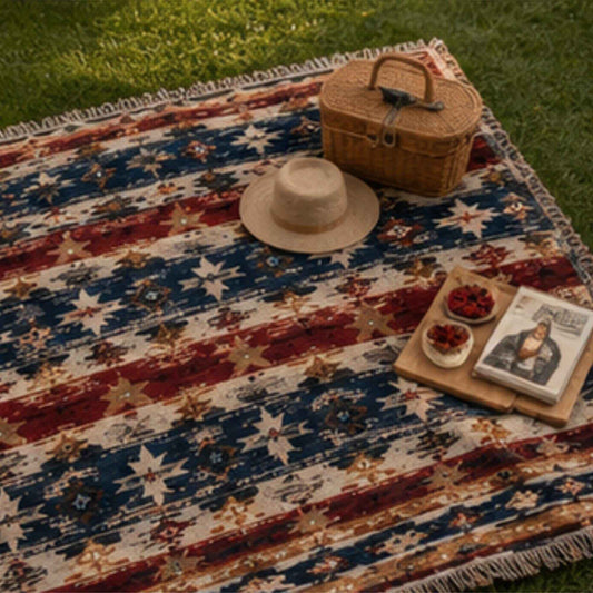 Southwestern woven blanket with geometric pattern styled for layered home decor
