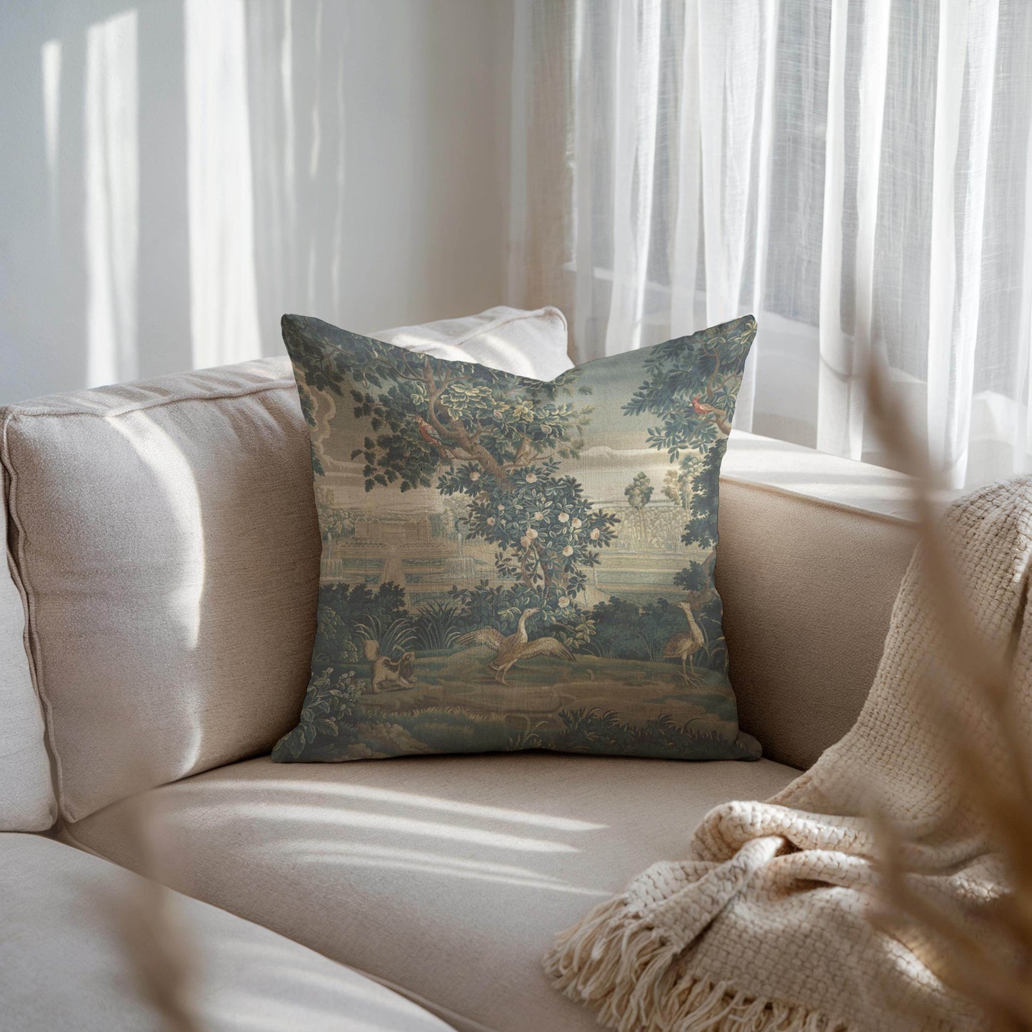French Tapestry Pillow – Aubusson Style Decorative Cushion with Soft Fabric Insert - timelessbohochic.com