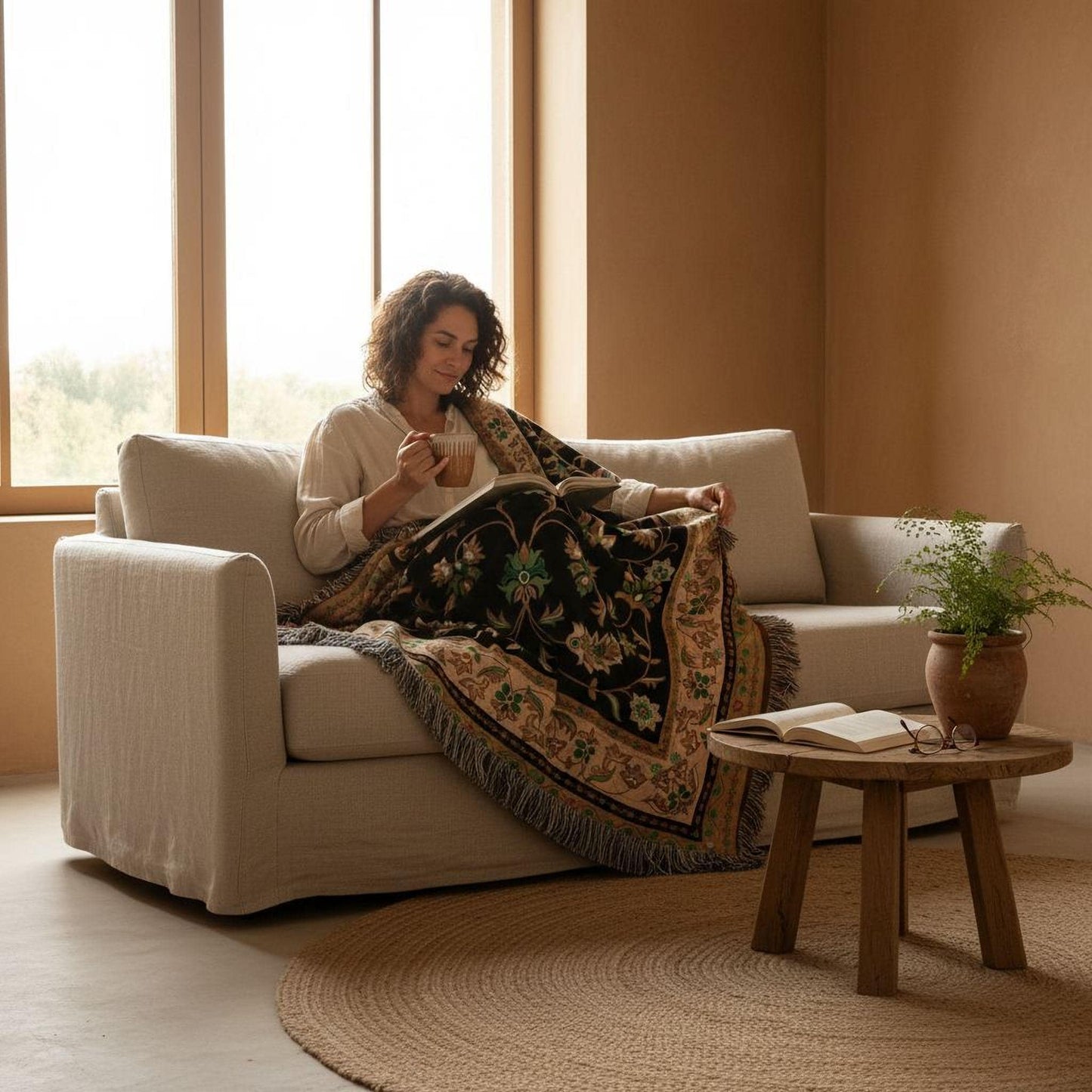 Caucasian Rug Inspired woven wall tapestry with geometric pattern styled as textile wall decor