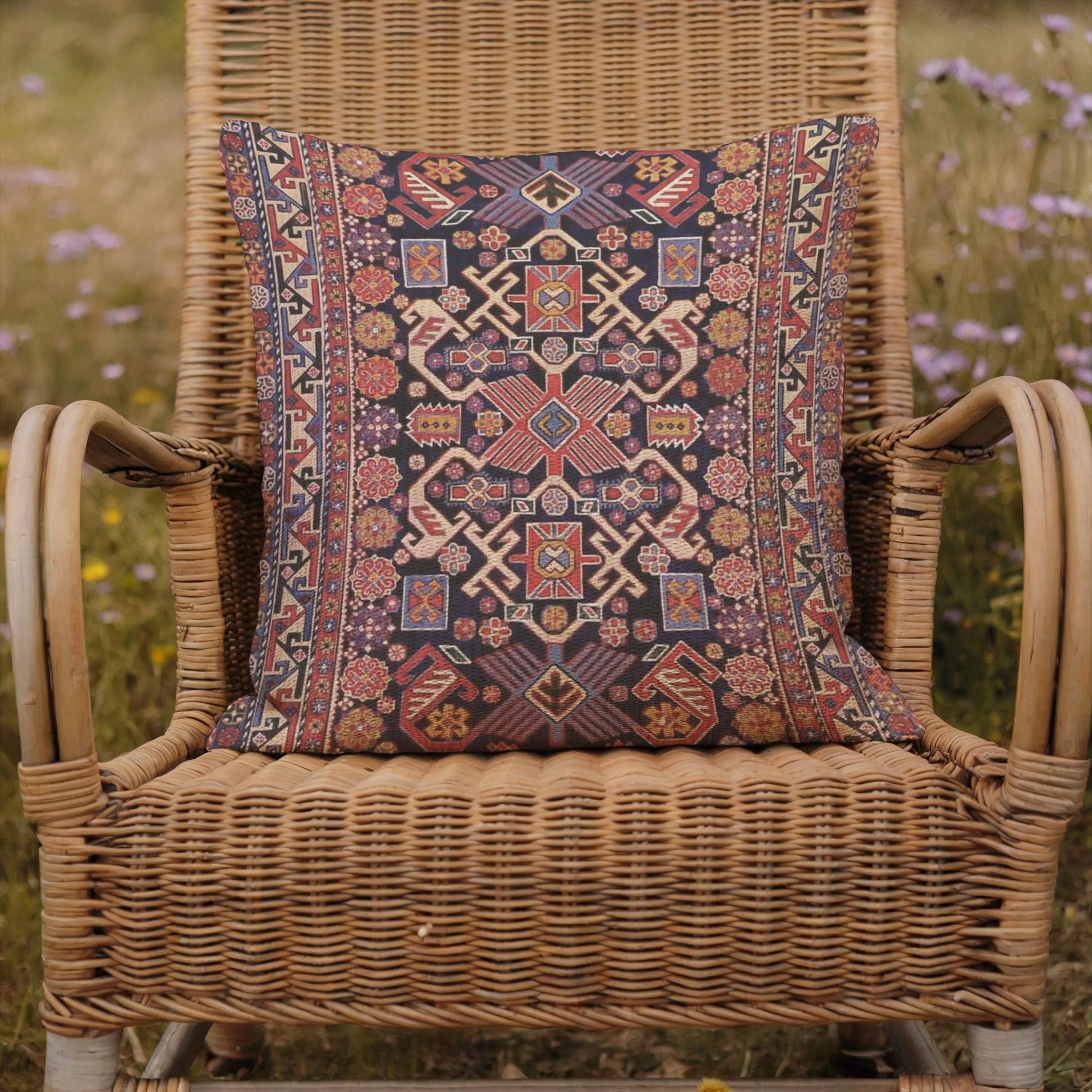 Turkish Woven Pillow Set - Cotton Throw Blanket with Rug-Inspired Pattern & Fringed Edge