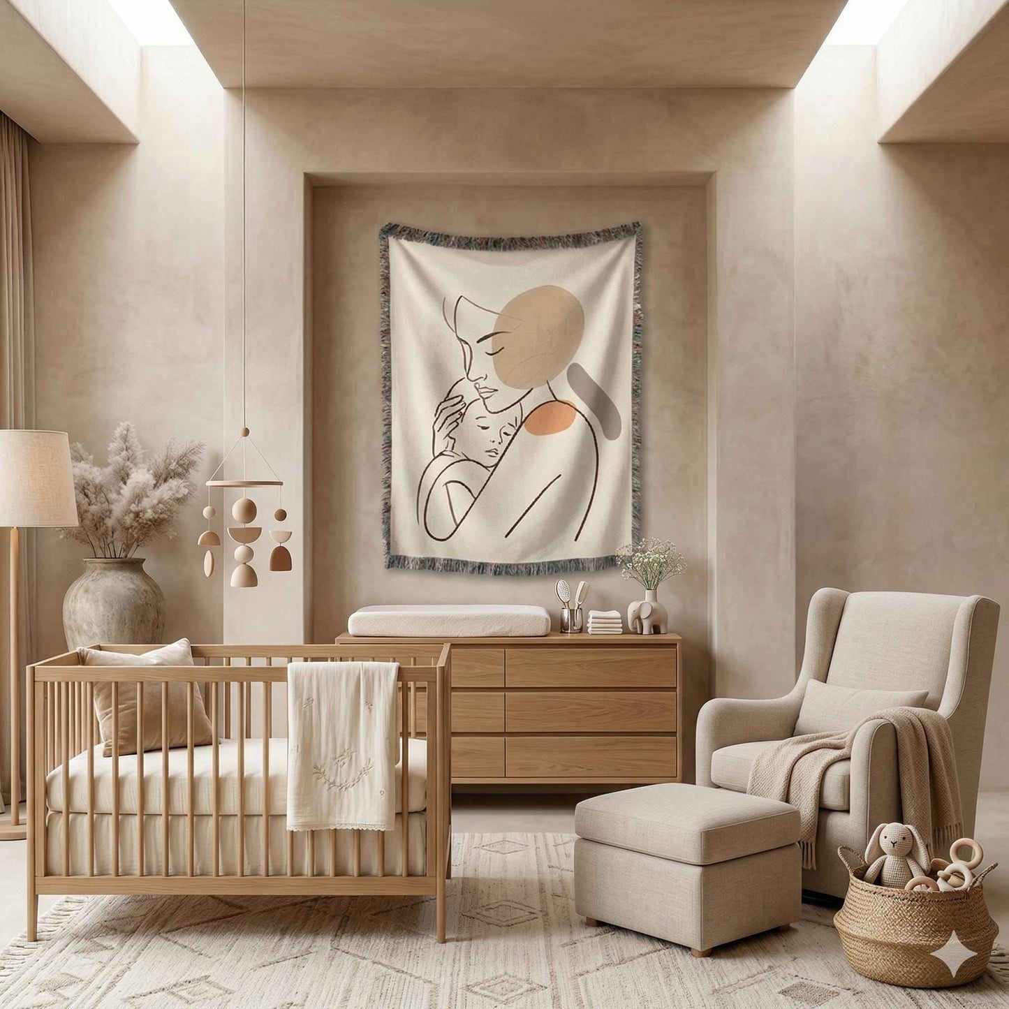 Modern Geometric woven wall tapestry with geometric pattern styled as textile wall decor