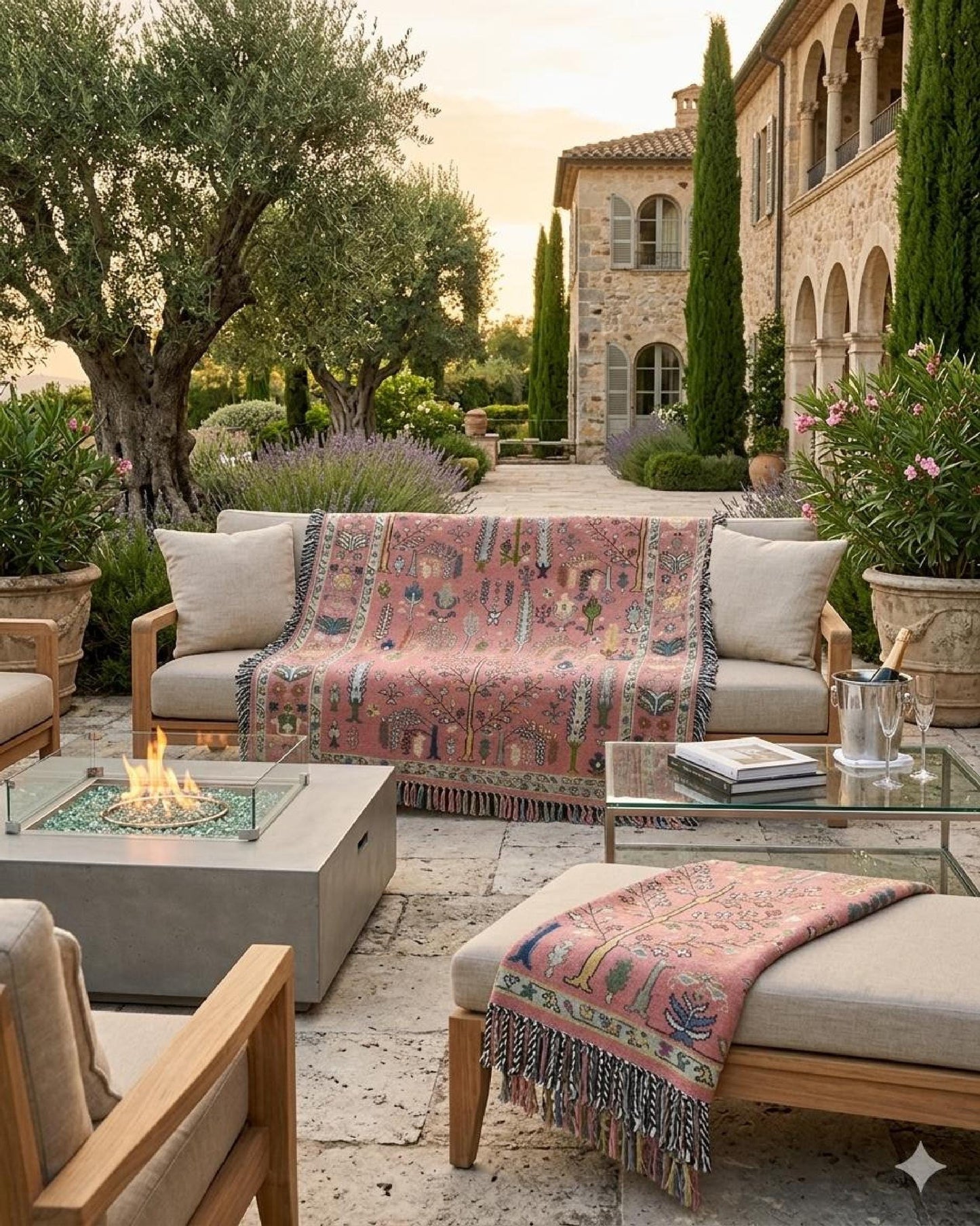 Anatolian Inspired outdoor woven throw blanket with rug-style pattern for patio styling