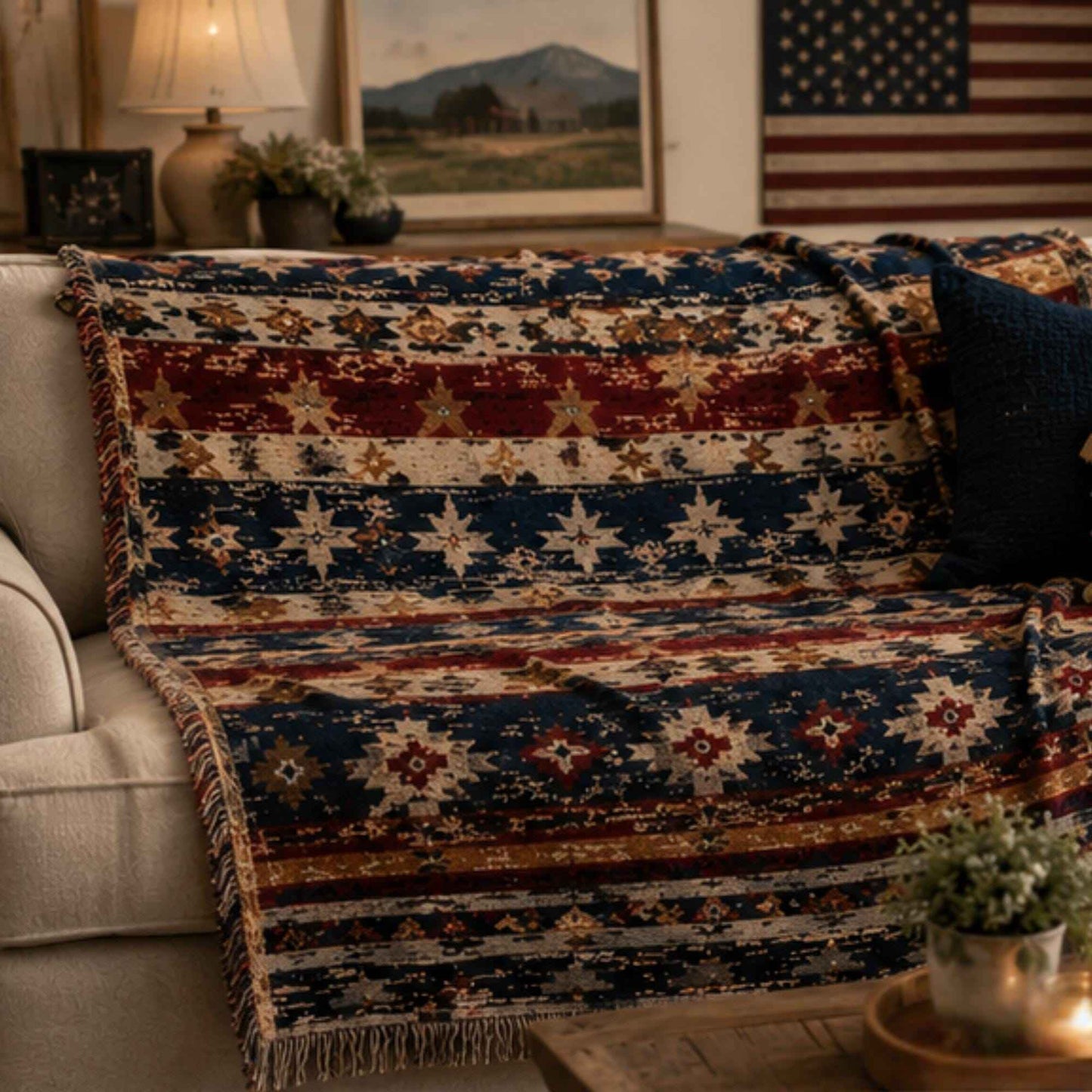 Southwestern woven blanket with geometric pattern styled for layered home decor