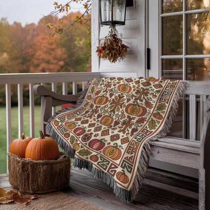 Cream and rust Ghapama blanket on a porch bench with a basket of pumpkins
