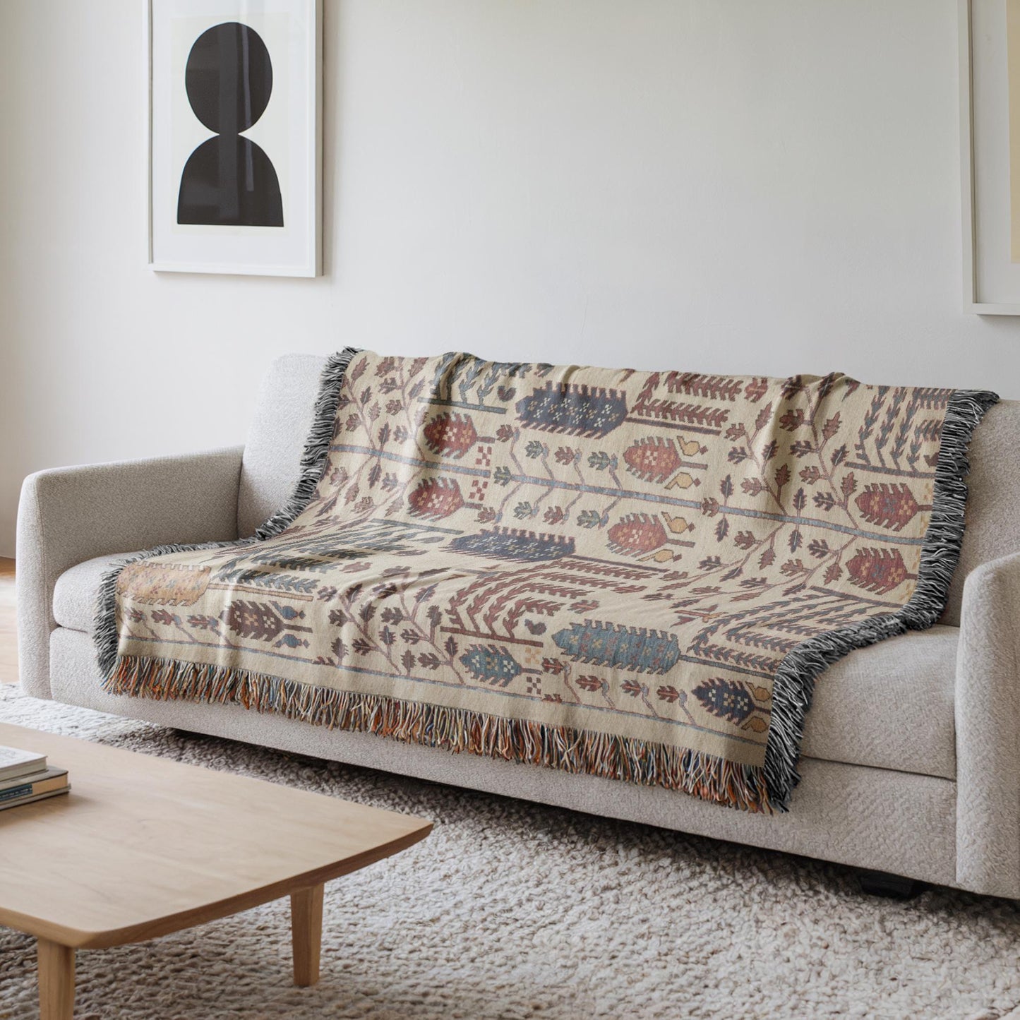 Anatolian Inspired woven blanket with rug-style pattern styled for layered home decor