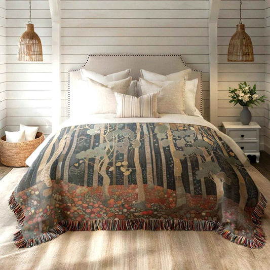 Scandinavian Inspired woven blanket with rug-style pattern styled for layered home decor