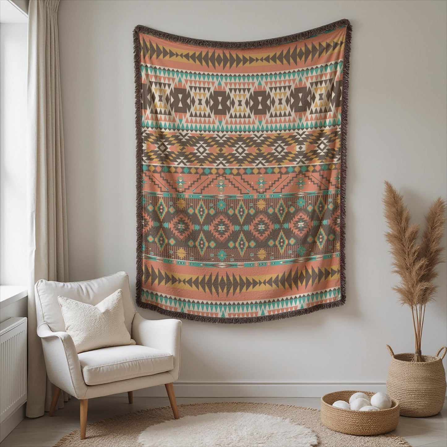 a cozy living room with a large, colorful, patterned tapestry hanging on the wall above a white armchair. The tapestry has a geometric design in shades of orange, brown, and green. Next to the armchair, there is a woven basket and a potted plant, adding to the room's decor. The room has a white wall and a window, creating a bright and airy atmosphere.
