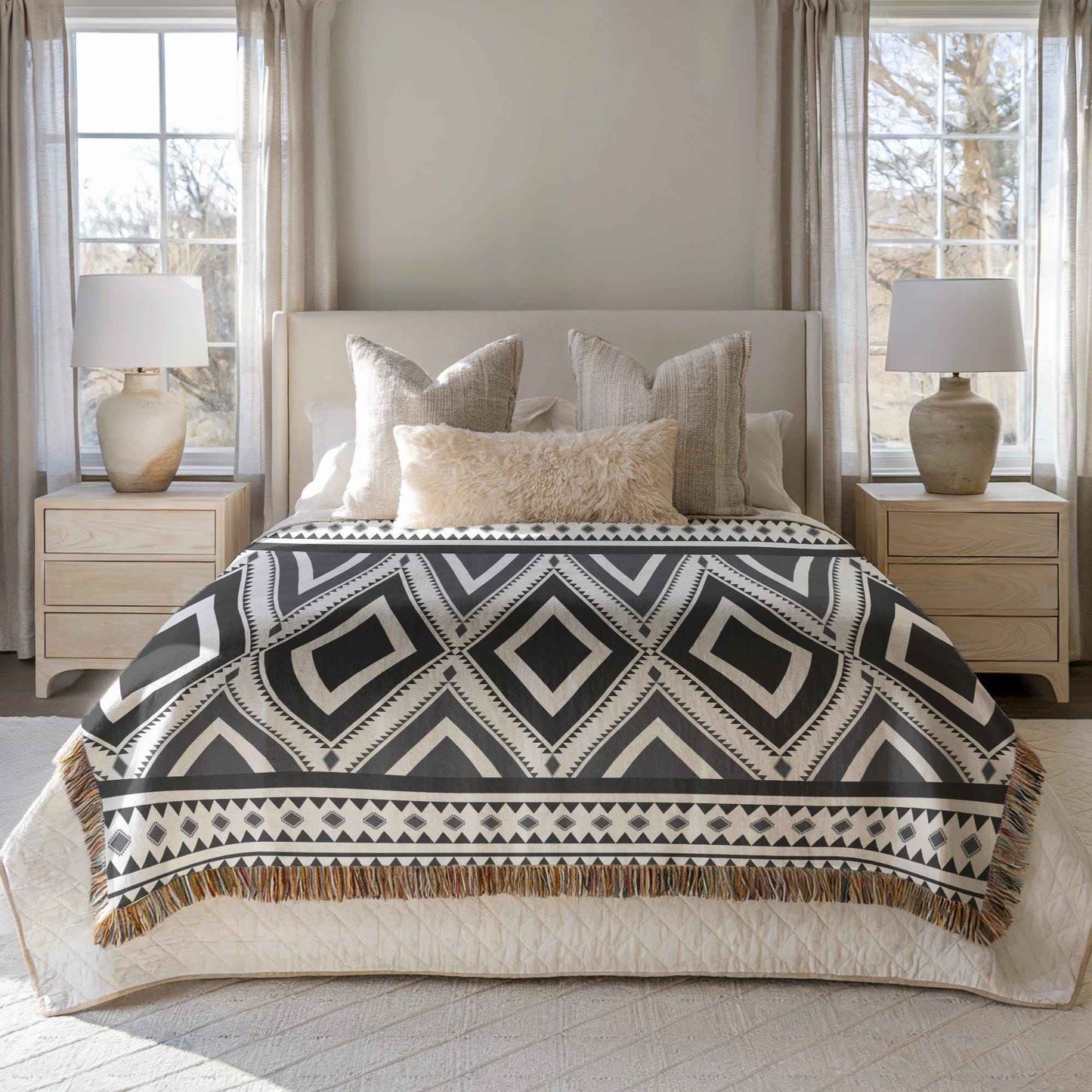 Southwestern woven blanket with geometric pattern styled for layered home decor
