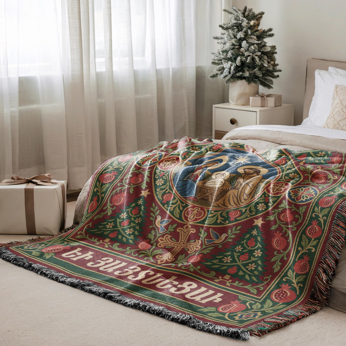 Armenian Nativity blanket over a bed beside a small Christmas tree and wrapped gifts