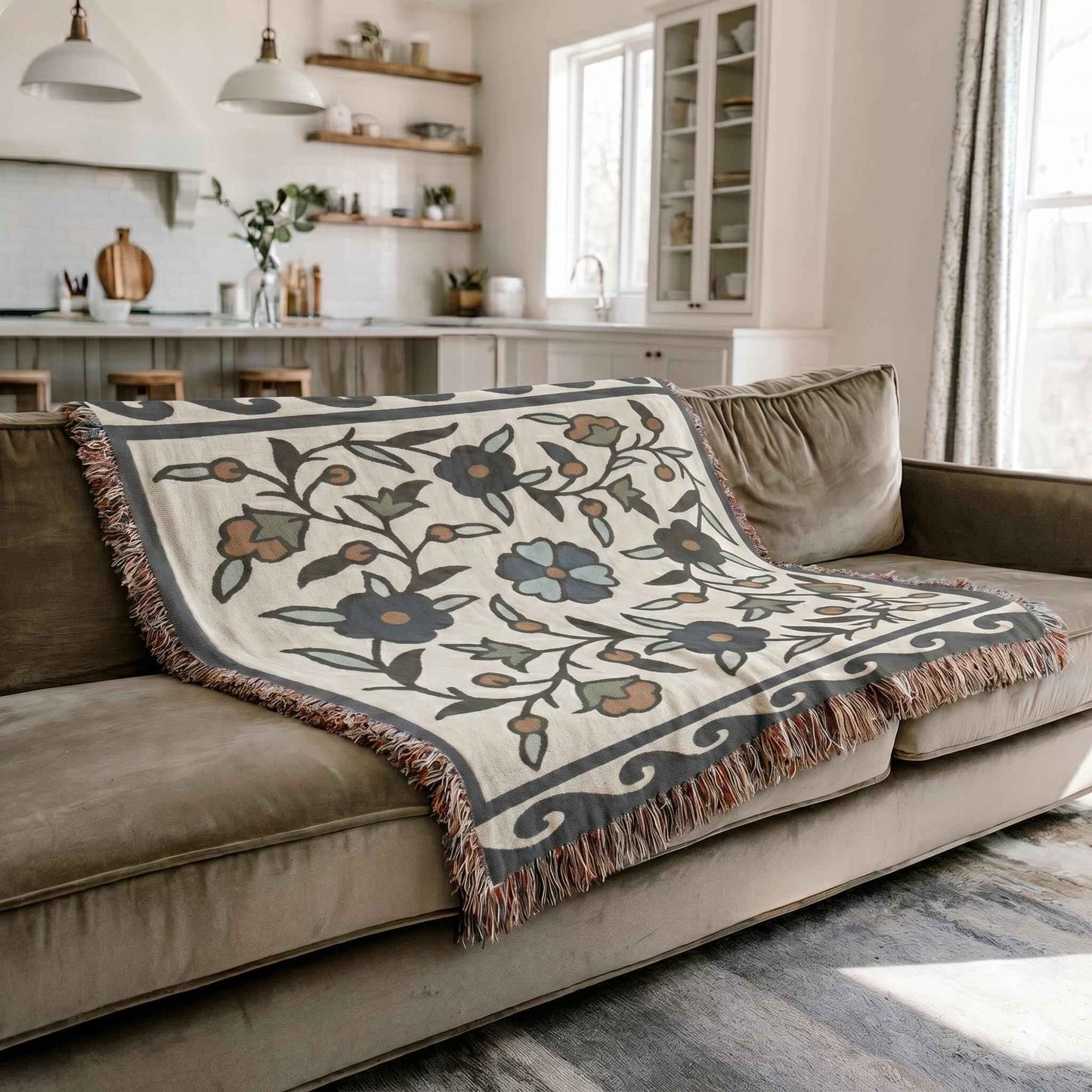 Anatolian Inspired woven blanket with rug-style pattern styled for layered home decor