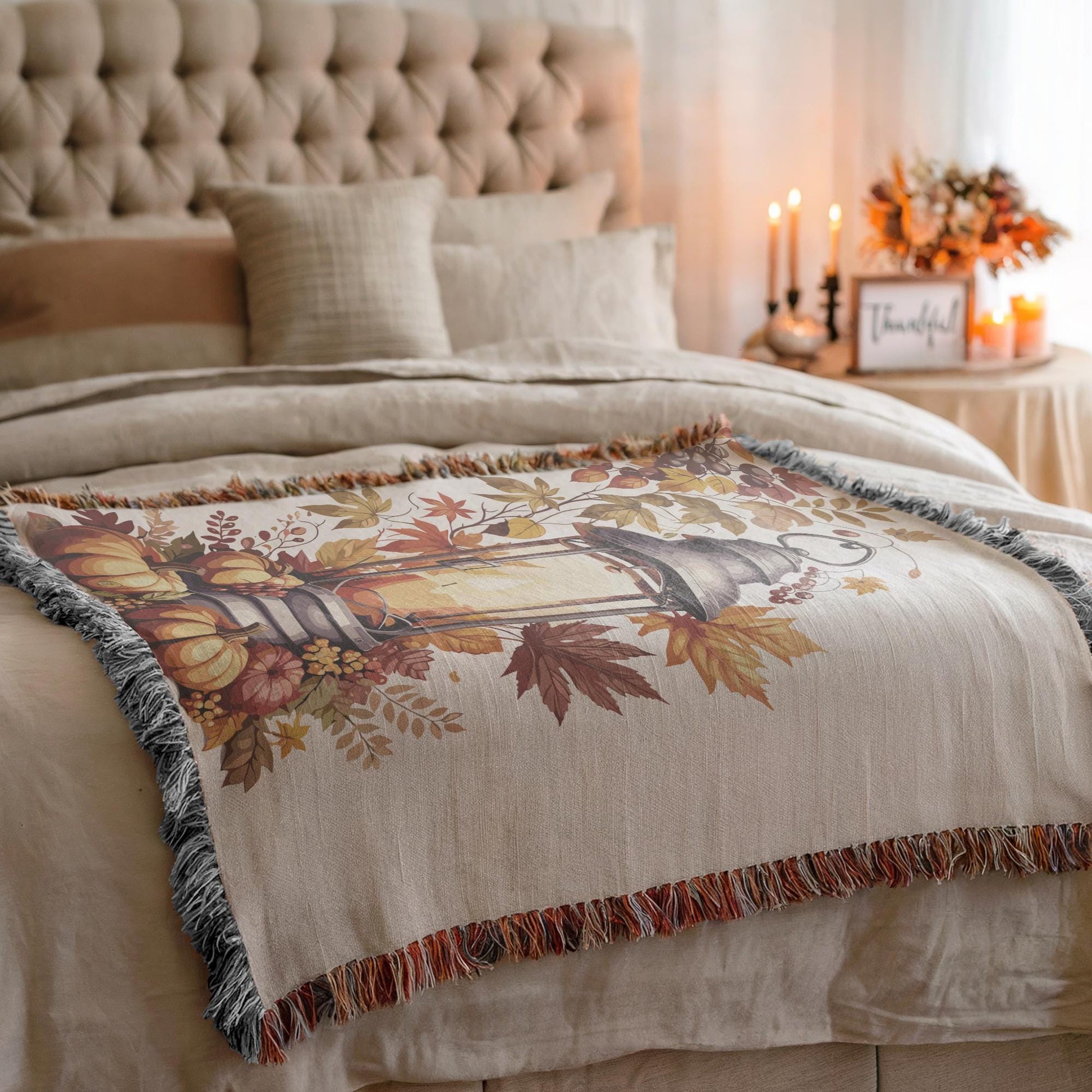 Woven Fall Blanket - Cozy Cotton Fringe Throw With Pumpkin Decor & Lantern Design