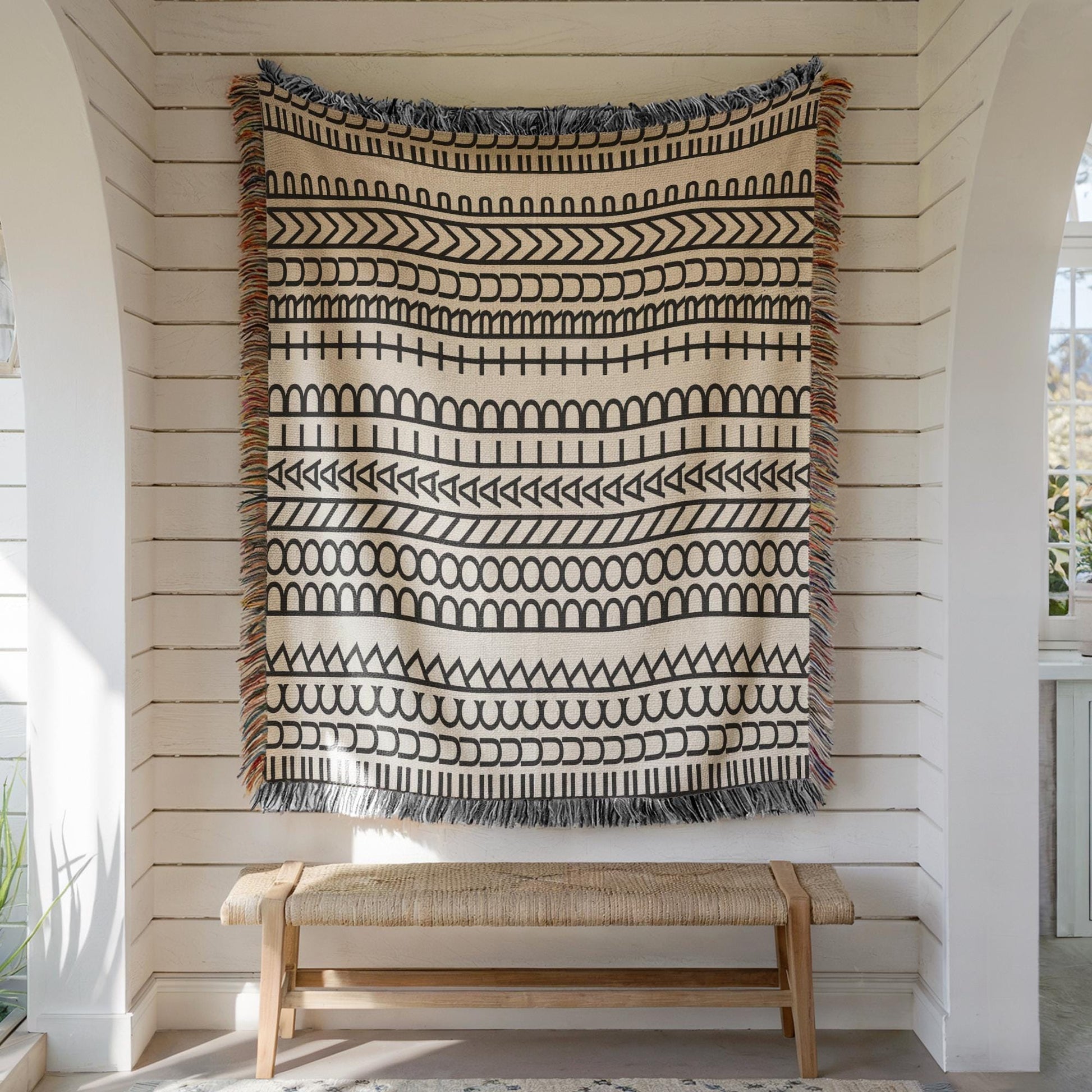 Woven Statement Blanket – Modern Throw Cotton Artisan Decorative Throw with Colorful Fringed Edges