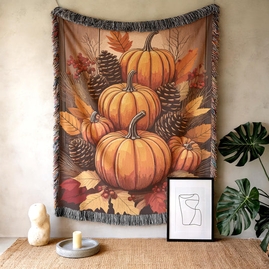 Fall Decor Thanksgiving Art Tapestry with Pumpkins Wall Hanging, Autumn Harvest Season Gift Fall Textile Wall Art for Home Decor & Fireplace
