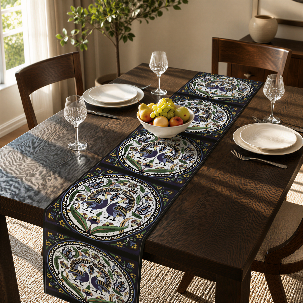 Armenian peacock table runner in dark navy on a dining table set with white plates and glasses