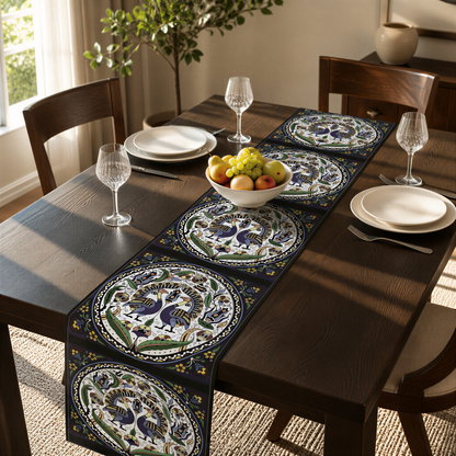 Armenian peacock table runner in dark navy on a dining table set with white plates and glasses
