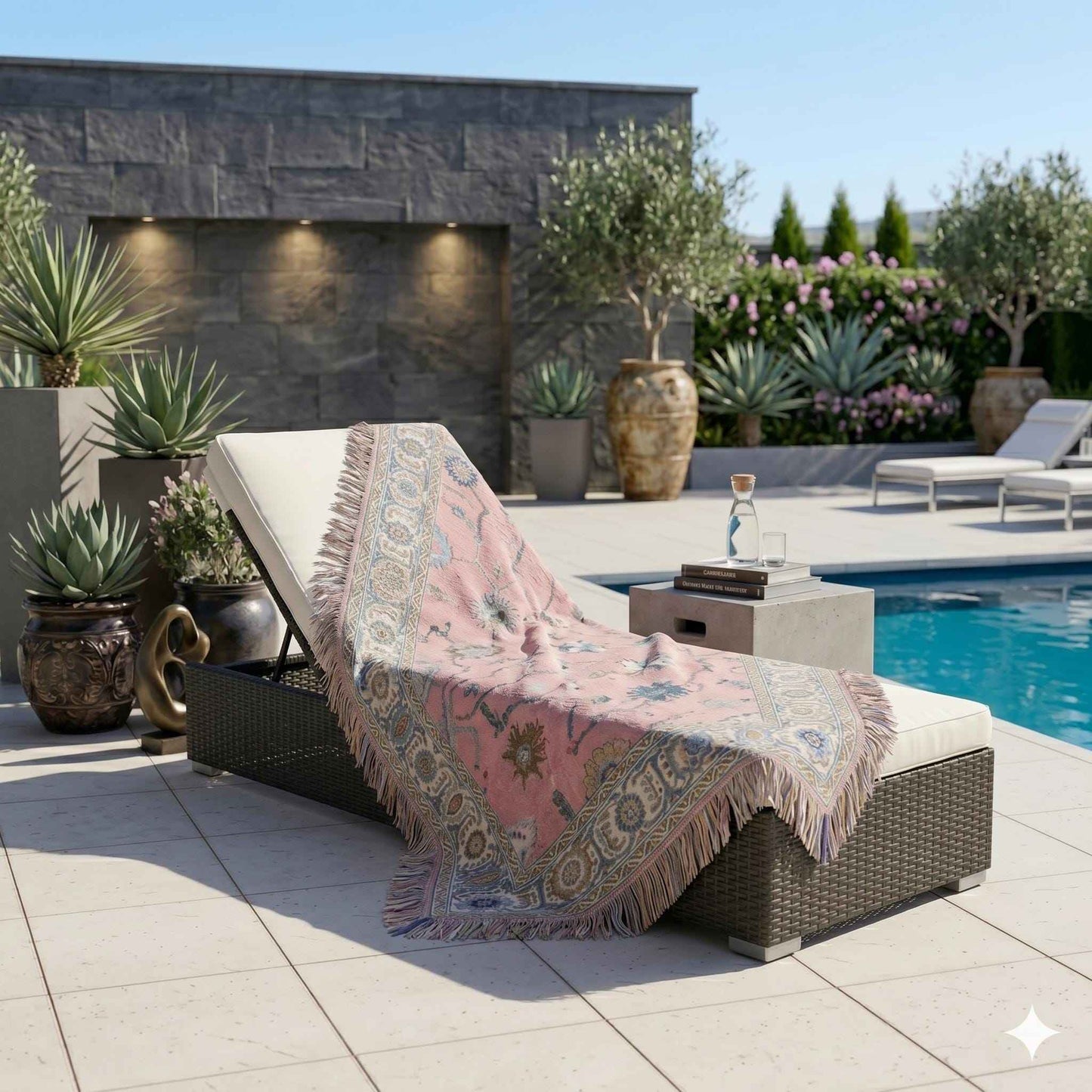 Anatolian Inspired outdoor woven throw blanket with rug-style pattern for patio styling