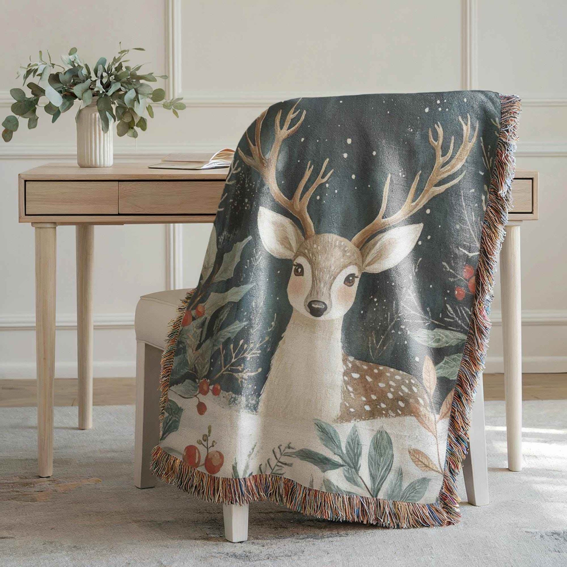 Christmas Tapestry Wall Hanging – Festive Woodland Animal Textile Art with Bambi and Holly - timelessbohochic.com