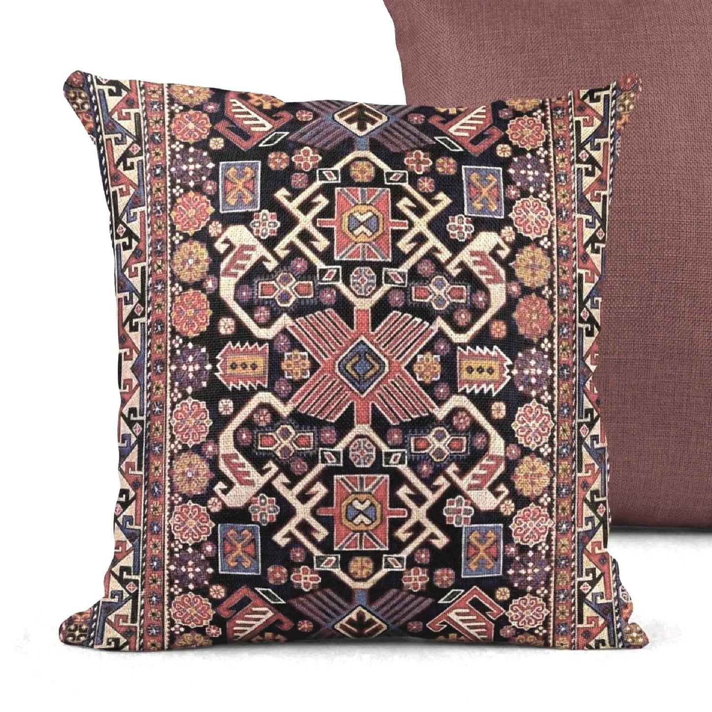 Anatolian Inspired throw pillow with rug-style pattern styled on a sofa or bed