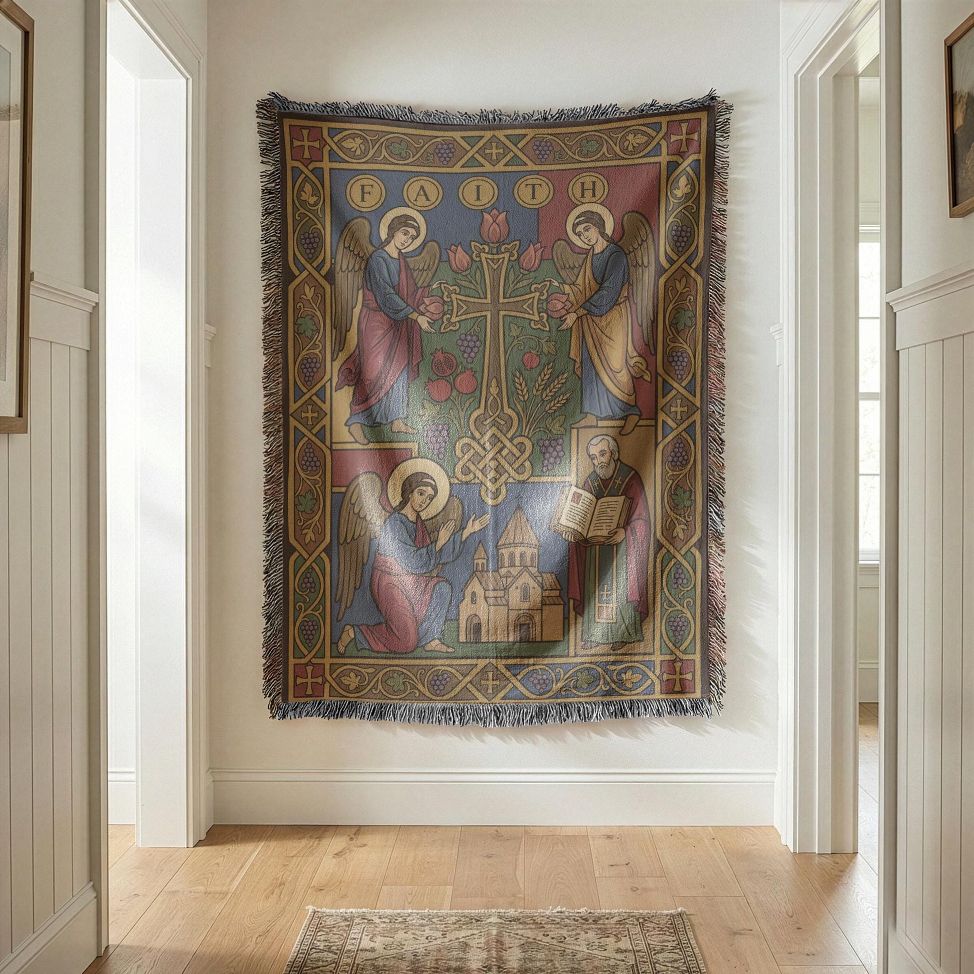 Armenian Christian wall tapestry centered in a bright narrow hall, jewel tones, Virgin Mary and detailed ornamental borders.