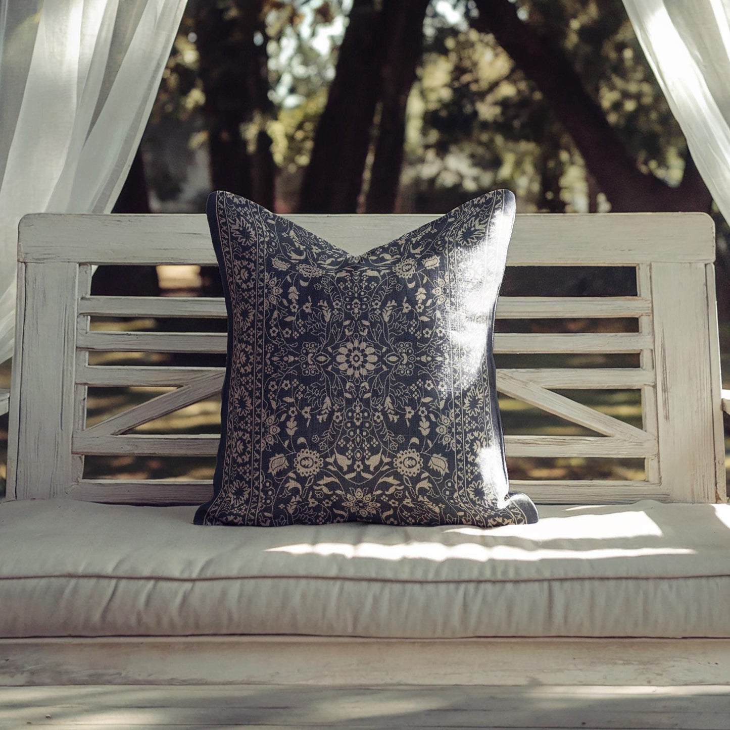 Moroccan Inspired throw pillow with floral pattern styled on a sofa or bed
