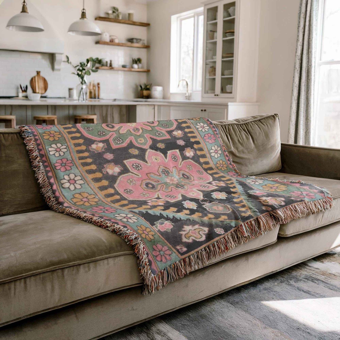 Caucasian Rug Inspired woven blanket with geometric pattern styled for layered home decor