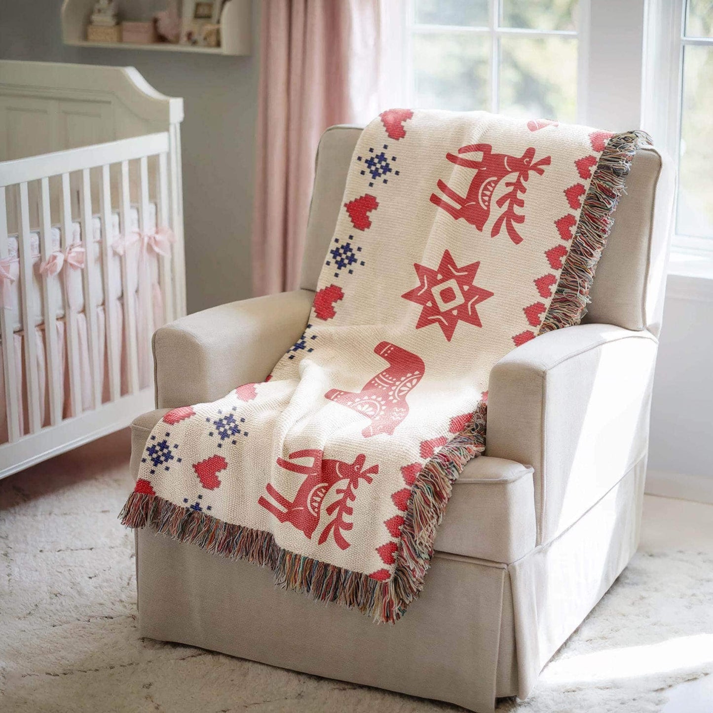 Scandinavian Inspired woven blanket with rug-style pattern styled for layered home decor